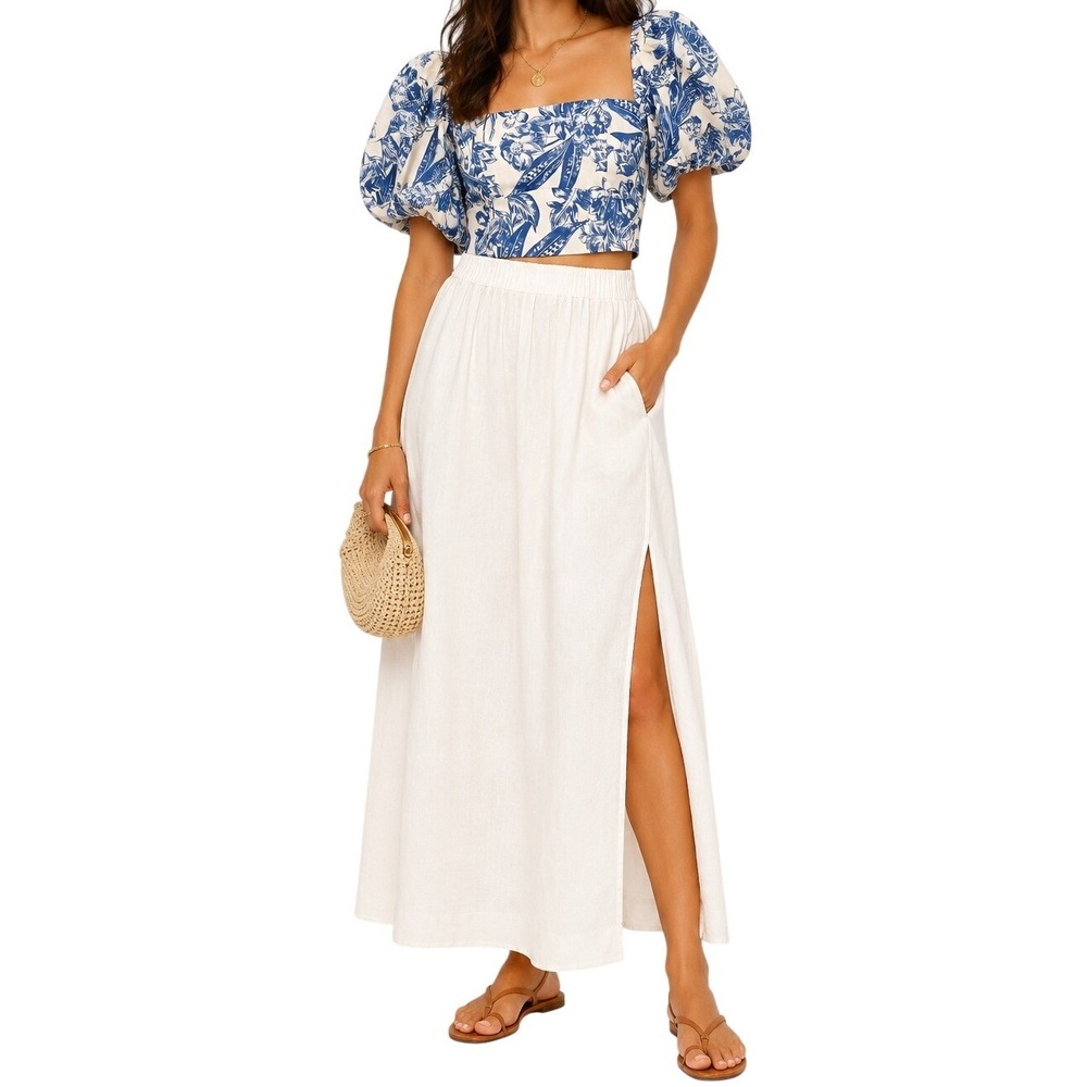 Abercrombie Blue White Tropical Floral Puff Sleeve Crop Top Off Shoulder Women M